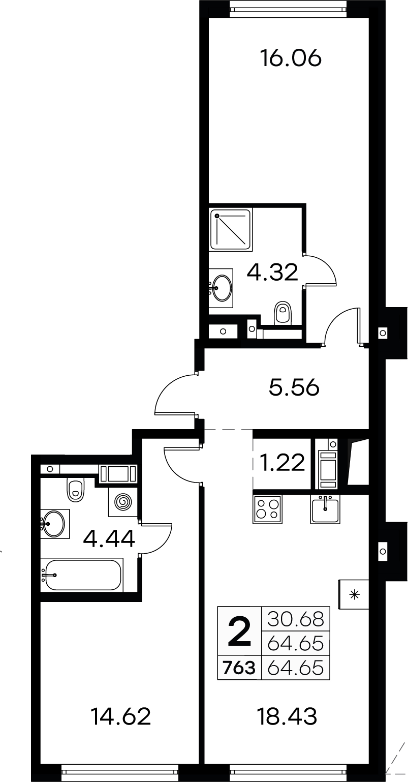 2-комнатная квартира 64.65 м², 3/7 эт., ЖК «GloraX Aura Vasileostrovsky»